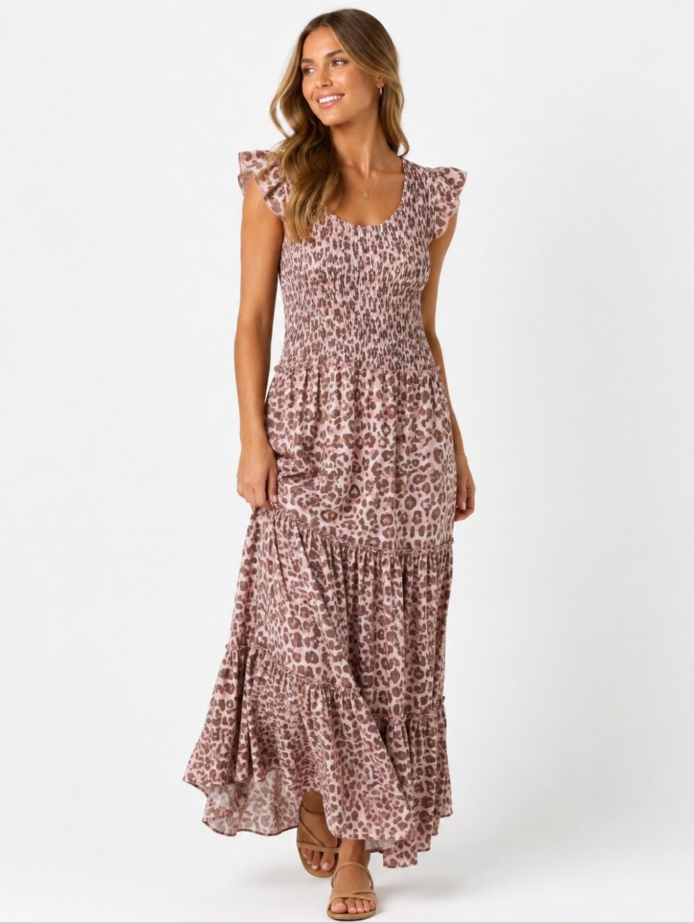 Able The Label Women’s Leopard Print Smocked Tiered Maxi Dress Size M